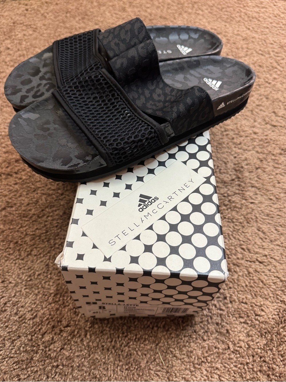 Adidas x Stella McCartney black leopard print slides size 8